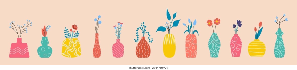 Set, a collection of abstract vase with flowers, plants different colors and shapes.  Vector illustration