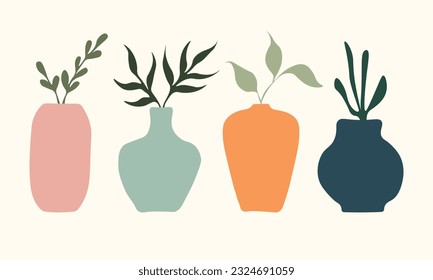 set, a collection of abstract vases with flowers, plants different colors and shapes. abstract objects, nature, green. flower in vase