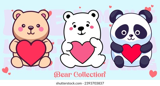 Colección de osos Adorables: Oso de peluche, Panda, Oso Polar. Composiciones de animales vectores con osos, corazones de estilo plano para el día de San Valentín
