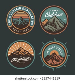 set collection of adventure badge design. Mountains set labels. Mountaineering, climbing, hiking vector illustration. Camping emblem logo with mountain in retro hipster style.