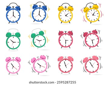 set collection of alarm clocks in different colors suitable for time management graphics, watch blogs, vibrant designs, interior décor, and colorful illustrations.
