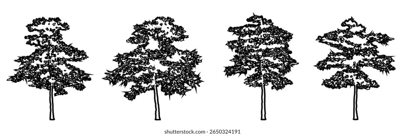 Set oder Sammlung von Mandelbäumen als schwarze Linie Zeichnung Silhouette auf weißem Hintergrund. Konzept oder konzeptueller Vektor für Natur, Planet, Umweltschutz, Stärke, Ausdauer und Schönheit