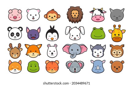 Set collection of animal head cartoon icon clipart illustration. Design isolated flat cartoon style