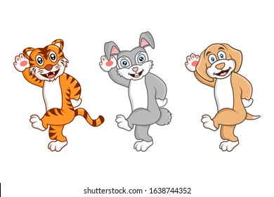 Set of collection animal walking. Vector illustration of funny cartoon tiger, rabbit, dog
