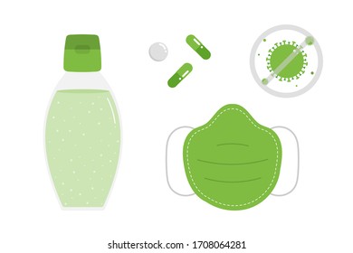 Set, Sammlung von antibakteriellen Dingen für Coronavirus, covid-19 Schutzdesign. Sanitizer-Handgel, medizinische Gesichtsmaske, Pillen Vektorsymbole, Illustration.
