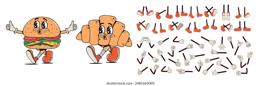 Set and collection of arms and legs in different poses for characters in groove style. Fast food walking, smiling with arms and legs. Y2k aesthetic elements. Facial expression. Burger and Croissant.