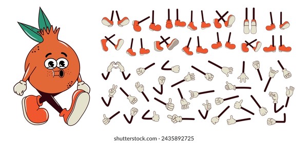 Set and collection of arms and legs in  poses for characters in groove style. Pomegranate, fruits and berries walking, smiling with arms and legs. Y2k aesthetic elements. Facial expression. Background