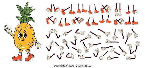 Set and collection of arms and legs in  poses for characters in groove. Pineapple, fruits and berries walking, smiling with arms and legs. Y2k aesthetic elements. Face expression. Background.70s,80s