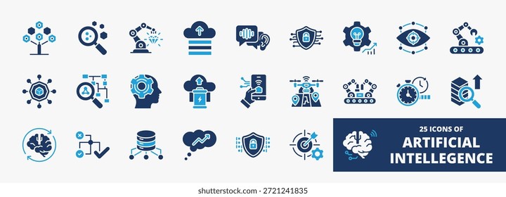 Conjunto de una colección de iconos de inteligencia artificial adecuados para aplicaciones de Web y móviles. Conjunto de iconos de estilo azul glifo con conectividad, datos, seguridad, privacidad, robótica y más iconos
