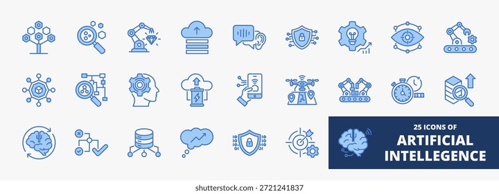 Conjunto de una colección de iconos de inteligencia artificial adecuados para aplicaciones de Web y móviles. Conjunto de iconos de estilo azul de contorno con conectividad, datos, seguridad, privacidad, robótica y más iconos