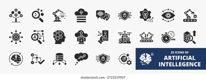 Conjunto de una colección de iconos de inteligencia artificial adecuados para aplicaciones de Web y móviles. Conjunto de iconos de estilo de glifo con conectividad, datos, seguridad, privacidad, robótica y más iconos