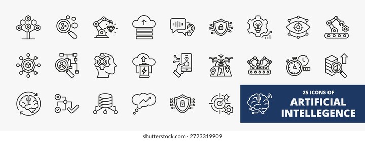 Conjunto de una colección de iconos de inteligencia artificial adecuados para aplicaciones de Web y móviles. Conjunto de iconos de estilo de contorno con conectividad, datos, seguridad, privacidad, robótica y más iconos