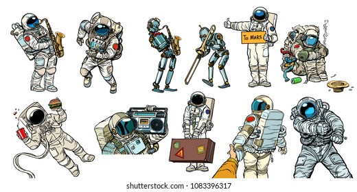 Set collection astronauts and robots. homeless traveler musician hitchhiker customer fast food. Comic book cartoon pop art retro vector illustration vintage kitsch