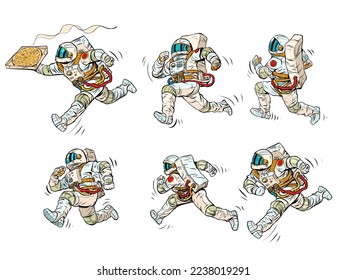 set collection astronauts run, space race. Sports and a healthy lifestyle. People in spacesuits. Pop Art Retro Vector Illustration Kitsch Vintage 50s 60s Style