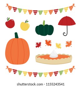 Set, collection of autumn, fall icons. Vector food, fruits and vegetables, leaves, weather symbols and colorful garlands.