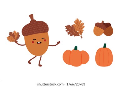 Set, collection of autumn, fall icons and illustration. Cute smiling acorn cartoon character, pumpkins, oak leaves, acorns.
