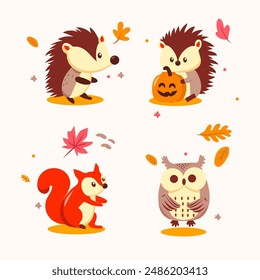 set of collection Autumn-themed Vector of Squirrel, Owl, and Fox elements set
