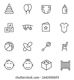 Set, collection of baby icons, such as teddy bears, faces, body suit etc isolated on white background EPS Vector
