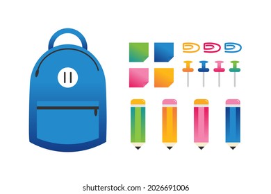 Establecer, colección de iconos de diseño de fondo de escuela, ilustración. Bolso escolar, lápices de colores, pasadizos, alfileres y notas.
