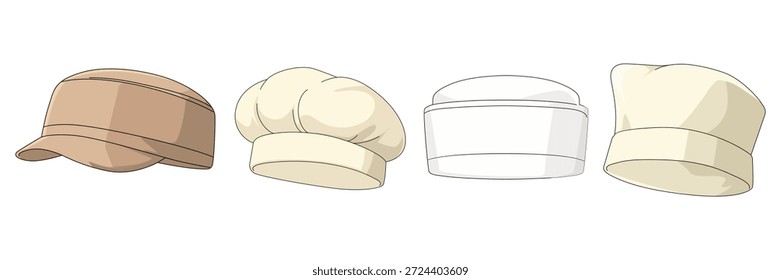 Set sombrero de panadería de colección y gorra de varias vistas. Ilustraciones vectoriales coloridas panadería y chef cap con diferentes ángulos. Paquete de diseño de pastelería en la cocina. Marca culinaria.