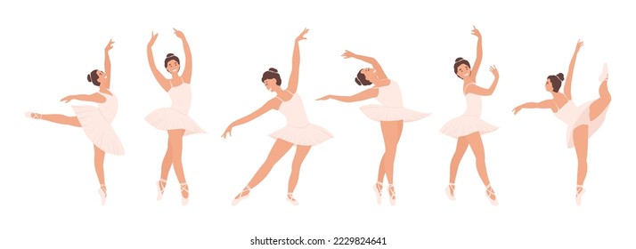 Set, collection of Ballerinas in Different, various Poses Dancing Ballet isolated on white. Cartoon Girl, Woman Classic Choreography dancer, pink tutu and Pointe shoes.