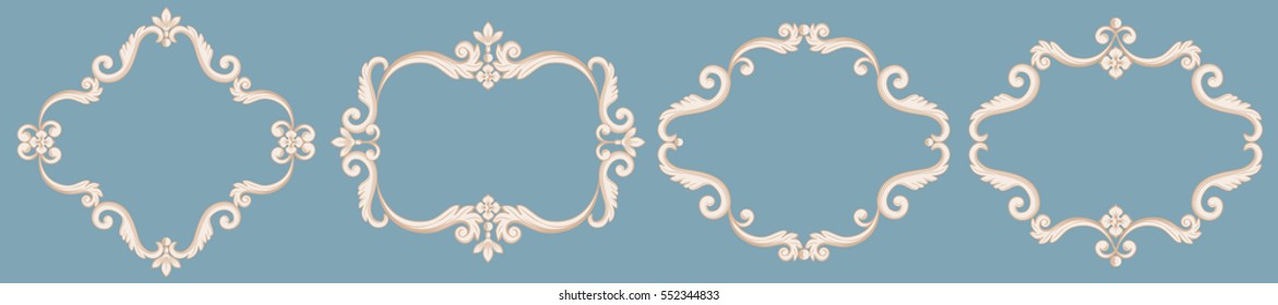 Set collection of baroque frames in beige color on blue background. Vector illustration. Can use for birthday card, wedding invitations, damask pattern, page decoration