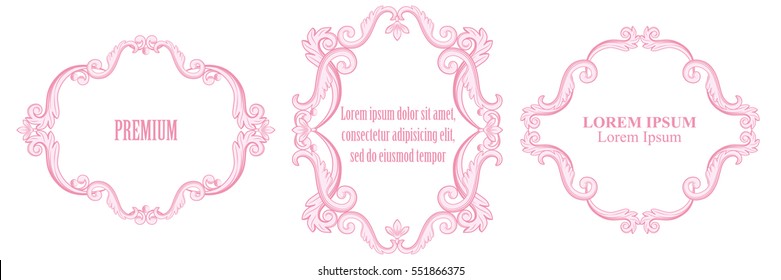 Set collection of baroque frames in pink color isolated on white background. Vector illustration. Can use for valentine or birthday card, wedding invitations, damask pattern, page decoration