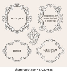 Set collection of baroque frames and sign isolated on beige background. Vector illustration. Can use for birthday card, wedding invitations, damask pattern, page decoration...