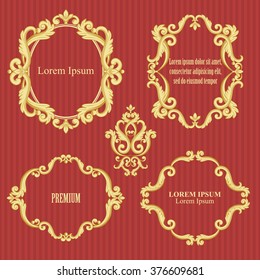 Colección de cuadros barrocos y letreros aislados sobre fondo rayado rojo burdeos. Ilustración vectorial. Se puede utilizar para tarjetas de cumpleaños, invitaciones de boda, patrones de damasco, decoración de páginas...