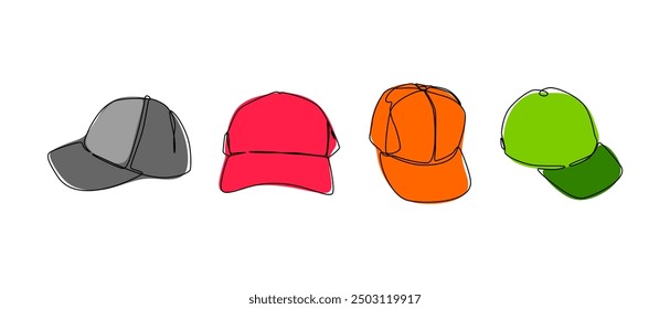 Set collection of baseball cap, trucker cap. Editable line and colored. Vector illustration.