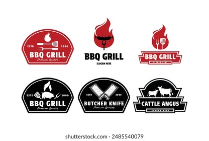 conjunto de diseño de logotipo de parrilla de barbacoa de colección con tenedor de cuchillo de carnicero y etiqueta de insignia retro de la vendimia de ganado