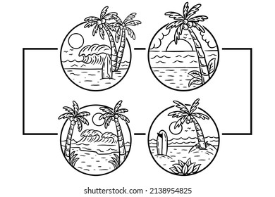 Set Collection Beach Good Vibes Sunset Coconut Tree relaxing wave surfing badges illustration