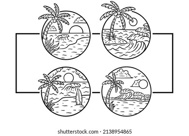 Set Collection Beach Good Vibes Sunset Coconut Tree relaxing wave surfing badges illustration