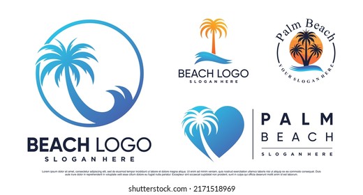 Colección de la inspiración del diseño del logotipo de la playa con palmera y elemento creativo Premium Vector