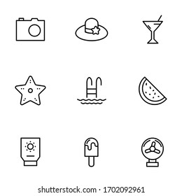 Set, collection of beach, summer icons, outline and thin line icons on white background EPS Vector