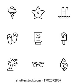 Set, collection of beach, summer icons, outline and thin line icons on white background EPS Vector