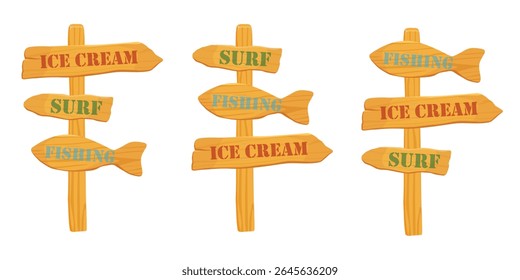 Set, collection of beach wooden signposts. Beach wooden signpost with arrows pointing to ice cream, fishing and surf. Isolated on white background. Summer vacation concept. Vector illustration