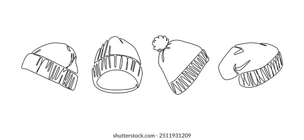 Conjunto de chapéu de gorro, gorro de inverno. Linha editável. Ilustração vetorial.