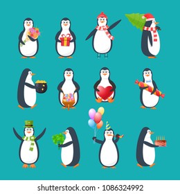 Set, collection, beautiful funny antarctic birds penguins. Penguins in different holidays: Valentine's Day, Christmas and New Year, St. Patrick's Day, Saint Easter. Vector illustration.