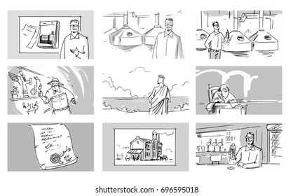 Set collection beer factory process Vector sketch for storyboard, projects, cartoon