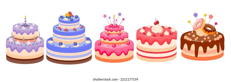 A Set (Collection) of Birthday Cakes. Festive Varied Sweet Dessert or Pastries. Vector illustration