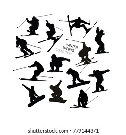 Set collection of black alpine skier s and snowboarders silhouettes isolated on white background. Art vector illustration.