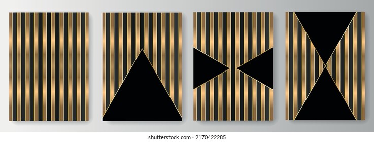Set collection of black backgrounds with golden lines and triangles
