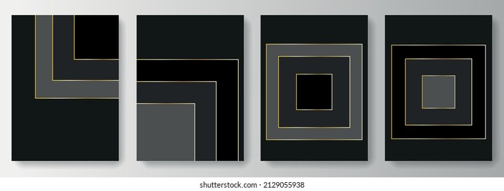 Set collection of black backgrounds with black and gray squares and golden lines