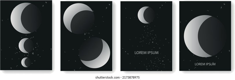 Set collection of black backgrounds with gray moon and stars elements