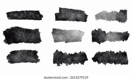 Set of of a collection of black brush strokes created in a grunge style. Vector.