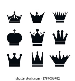 Set, collection of black crowns isolated on white background. Icon, logo, design element or stencil stock vector illustration.