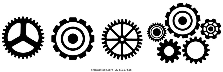 set collection black Gears and Cogs silhouettes icon. Mechanical Parts symbol design