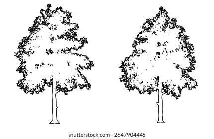 Conjunto ou coleção de árvores de chiclete preto como uma silhueta de desenho de linha preta sobre fundo branco. Conceito ou vetor conceitual para a natureza, planeta, conservação ecologia, força, resistência e beleza