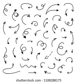 Set, collection of black hand drawn, doodle arrows isolated on white background.